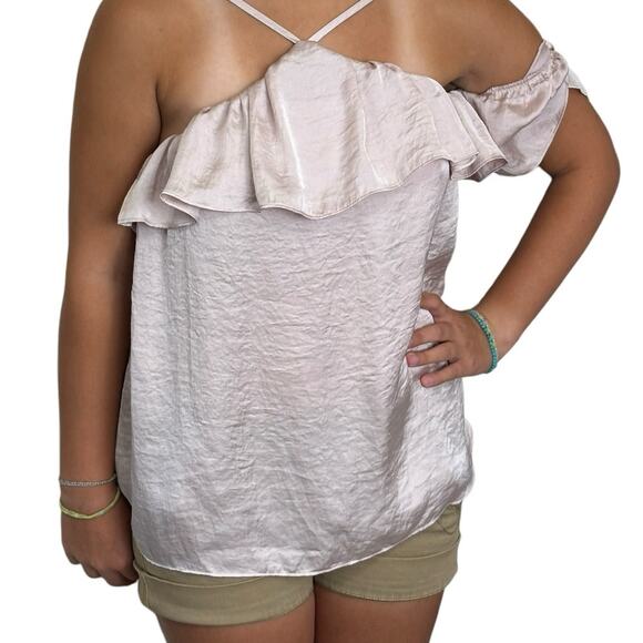 Ten Sixty Sherman Blush Pink Flounce Cold Shoulder Satin Texture Top Size Large - Picture 8 of 8